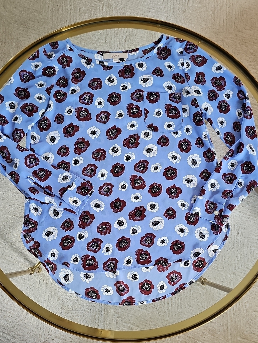 LOFT Blue Floral Pocket Long-Sleeve Blouse